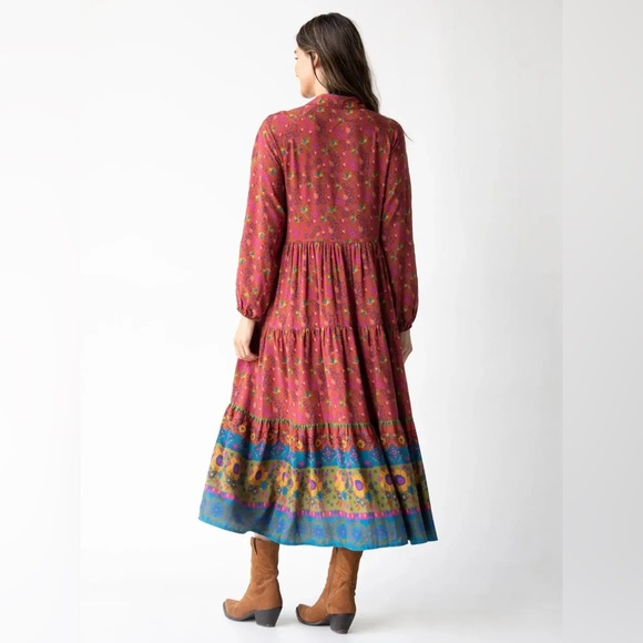Natural Life Rebecca Maxi Dress Pockets Red Clay Long Sleeve Tiered Bohemian L - Picture 3 of 14